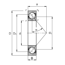 角接触球轴承 7004-B-TVP, 接触角 α = 40°