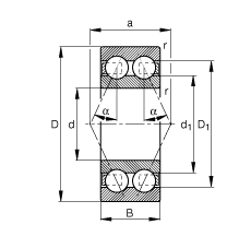 角接触球轴承 3001-B-TVH, 双列，接触角 α = 25°