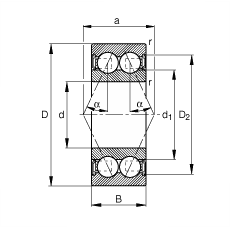 角接触球轴承 3808-B-2RSR-TVH, 双列，双侧唇密封，接触角 α = 25°
