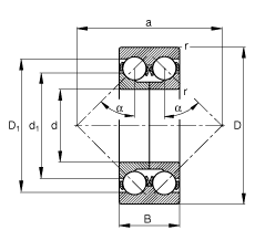 角接触球轴承 3308-DA-MA, 根据 DIN 628-3 标准的主要尺寸，双列，可分离，带剖分内圈，接触角 α = 45°