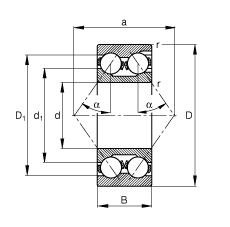 角接触球轴承 3315, 根据 DIN 628-3 标准的主要尺寸，双列，带填球槽，接触角 α = 35°