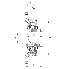 轴承座单元 RCJTY50-JIS, 带两个螺栓孔的法兰的轴承座单元，铸铁， 根据 JIS 标准，内圈带平头螺钉， R 型密封